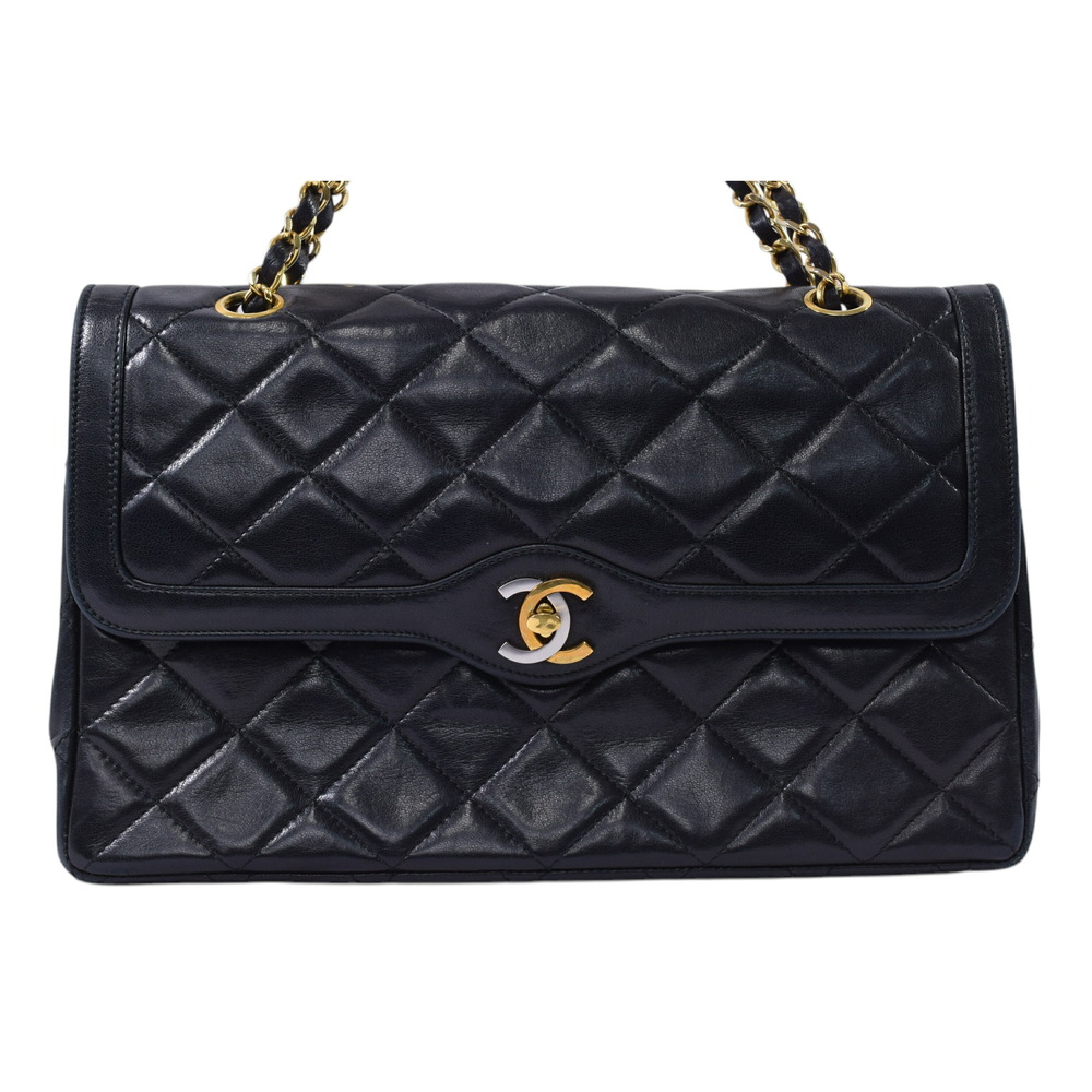 CHANEL Matelasse Coco Mark Double Flap Chain Shoulder Bag Black Lambskin Paris - Picture 2 of 7